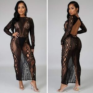 Fashion Queen Mania Black Open Cut Out Lace Backless Midi Dress